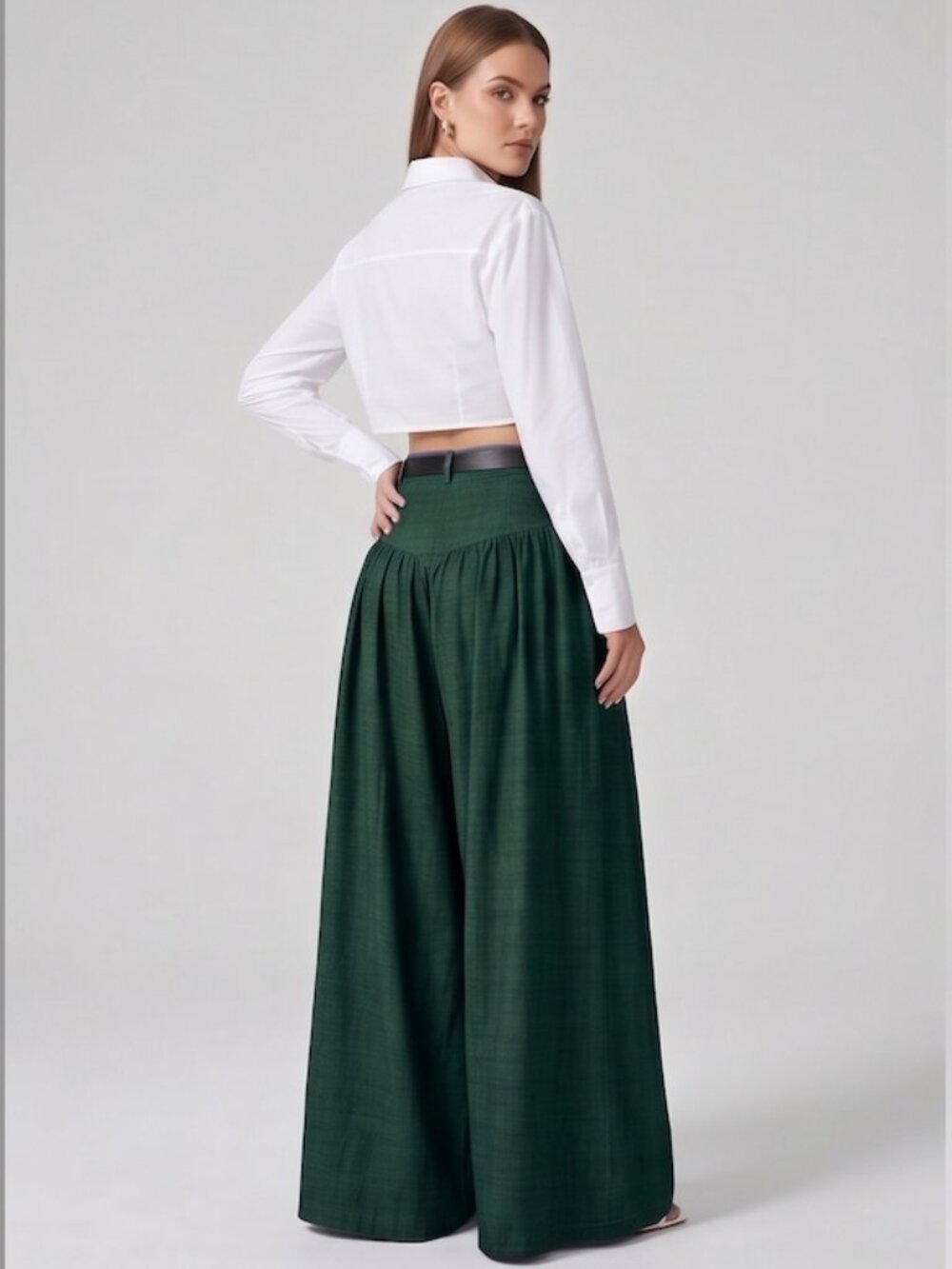 High Waisted Yoke Pleated Wide Leg Palazzo Pants Green - Picture 2 of 12
